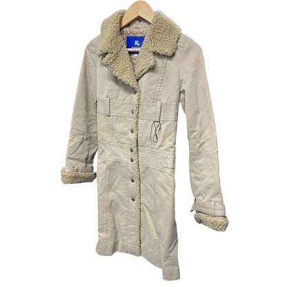 BURBERRY Corduroy Blue Label Corduroy Shearling Trim Coat Beige Silver Hardware NJ142