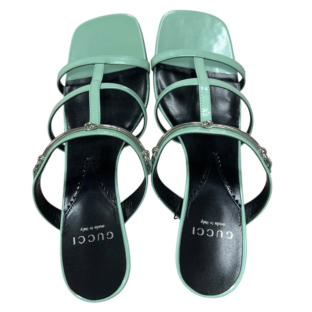 GUCCI Patent Leather Horsebit Heeled Sandals Mint Green Silver Hardware NJ138
