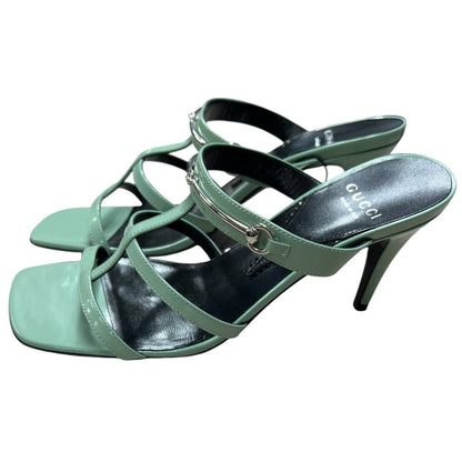 GUCCI Patent Leather Horsebit Heeled Sandals Mint Green Silver Hardware NJ138