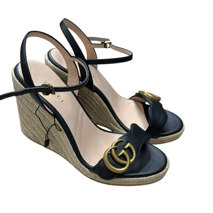 GUCCI Leather, Jute GG Marmont Leather Wedge Sandals Black Gold Hardware NJ137