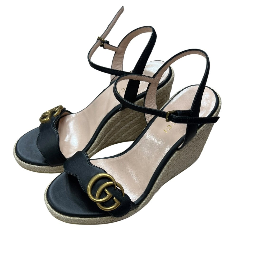 GUCCI Leather, Jute GG Marmont Leather Wedge Sandals Black Gold Hardware NJ137