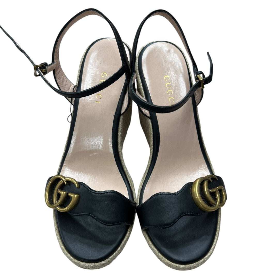 GUCCI Leather, Jute GG Marmont Leather Wedge Sandals Black Gold Hardware NJ137