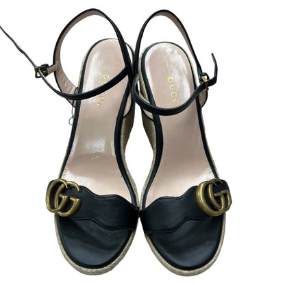 GUCCI Leather, Jute GG Marmont Leather Wedge Sandals Black Gold Hardware NJ137