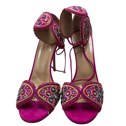AQUAZZURA Suede Fuchsia, Multi-color embroidery Gold Hardware NJ127