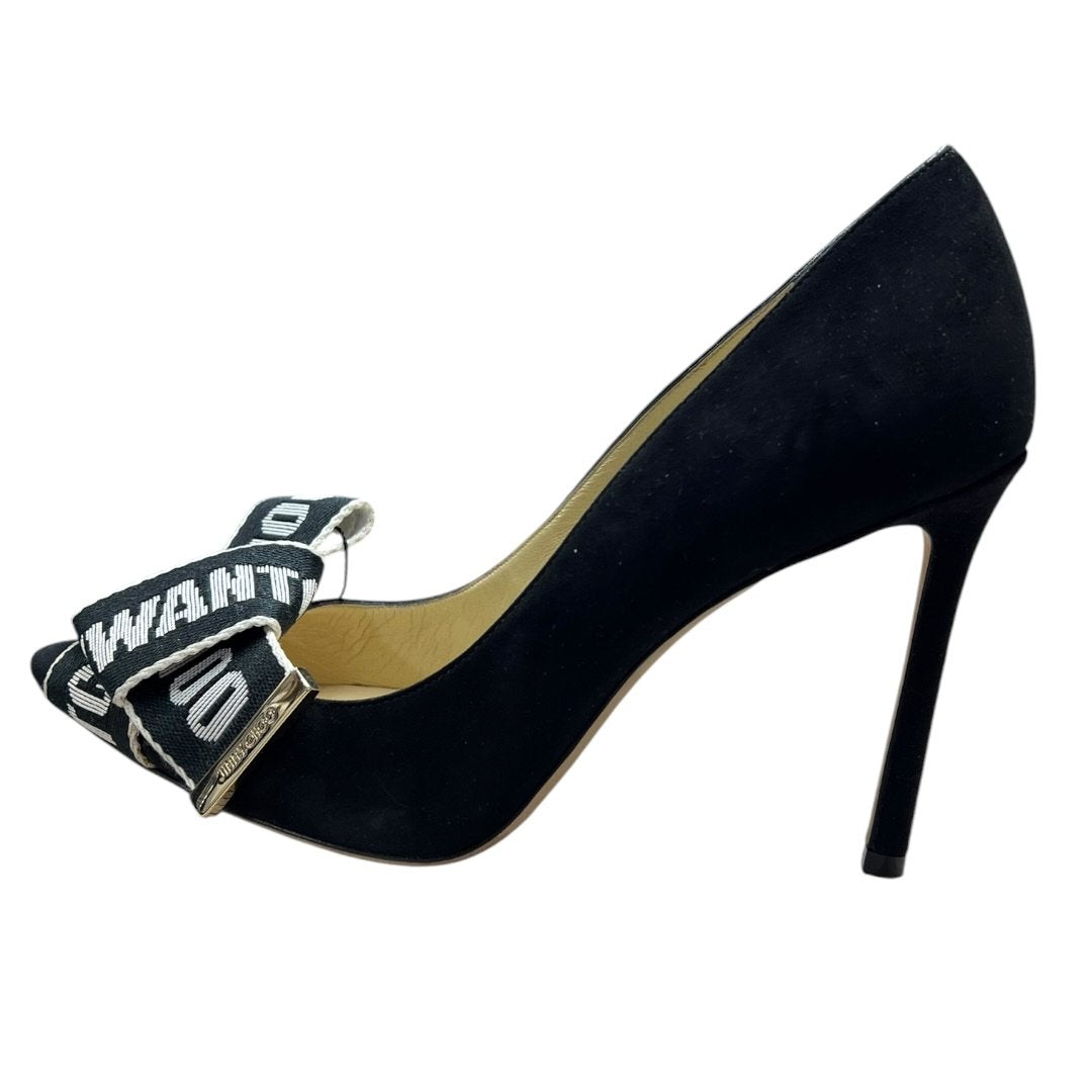JIMMY CHOO Suede Love 100 'I WANT CHOO' Ribbon Pumps Black Gold Hardware NJ132
