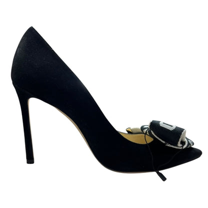 JIMMY CHOO Suede Love 100 'I WANT CHOO' Ribbon Pumps Black Gold Hardware NJ132