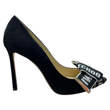 JIMMY CHOO Suede Love 100 'I WANT CHOO' Ribbon Pumps Black Gold Hardware NJ132