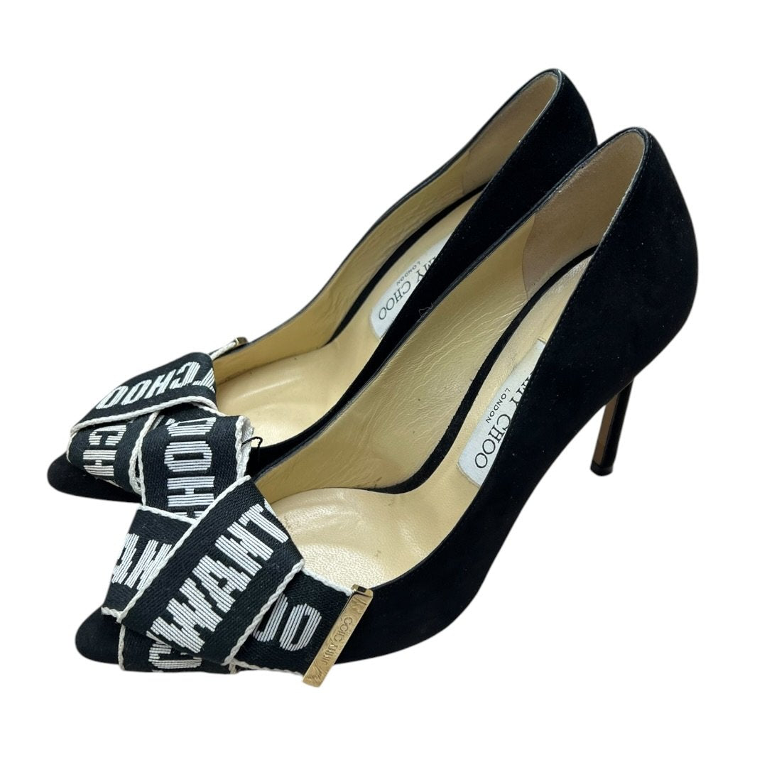 JIMMY CHOO Suede Love 100 'I WANT CHOO' Ribbon Pumps Black Gold Hardware NJ132