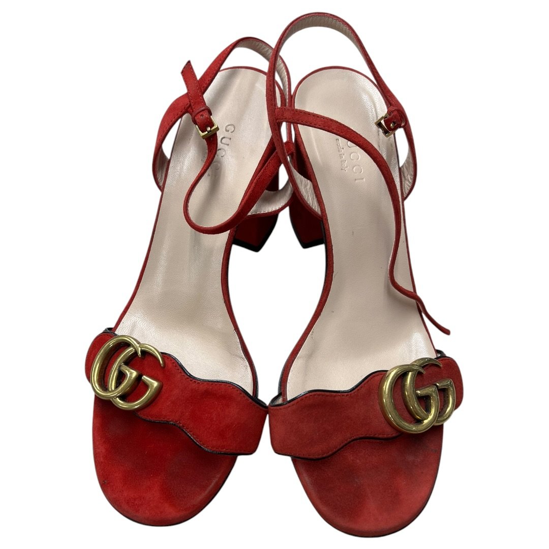 GUCCI Suede Marmont Double G Suede Sandals Red Gold Hardware NJ140