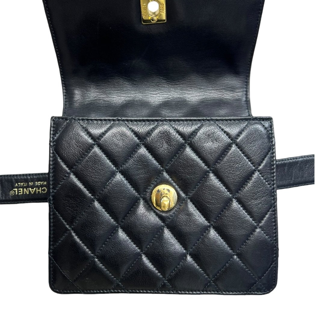 CHANEL Lambskin Matelasse Belt Bag Belt Bag Black Gold Hardware NJ133