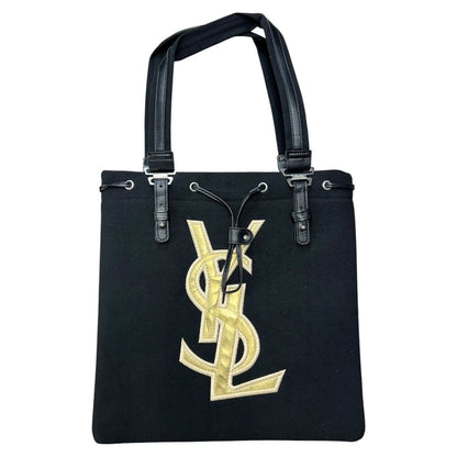 YVES SAINT LAURENT Textile YSL Logo Tote Bag Tote Black Silver-tone Hardware NJ136