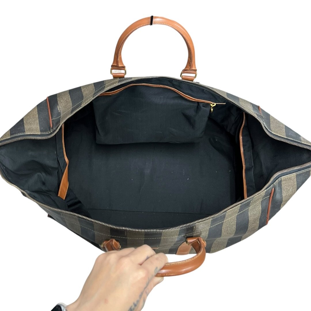 FENDI Coated Canvas Pequin Stripe Duffle Bag Duffle Bag Brown and Black with Tan Leather Trim Gold Hardware NJ118