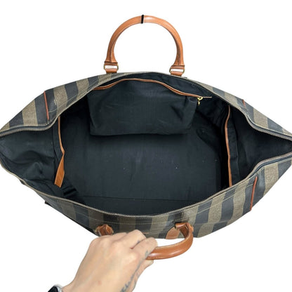 FENDI Coated Canvas Pequin Stripe Duffle Bag Duffle Bag Brown and Black with Tan Leather Trim Gold Hardware NJ118