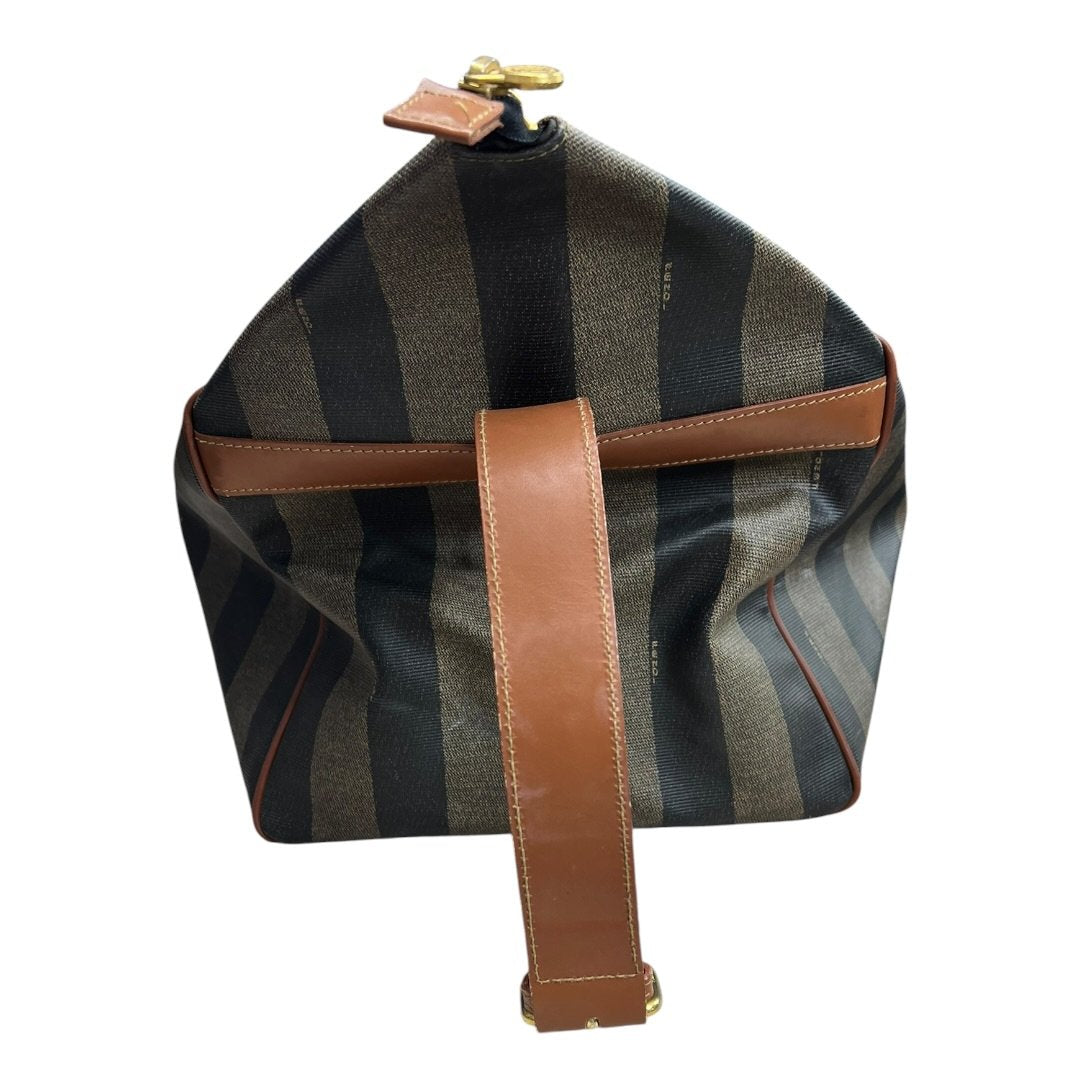 FENDI Coated Canvas Pequin Stripe Duffle Bag Duffle Bag Brown and Black with Tan Leather Trim Gold Hardware NJ118