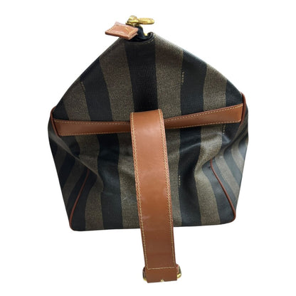 FENDI Coated Canvas Pequin Stripe Duffle Bag Duffle Bag Brown and Black with Tan Leather Trim Gold Hardware NJ118