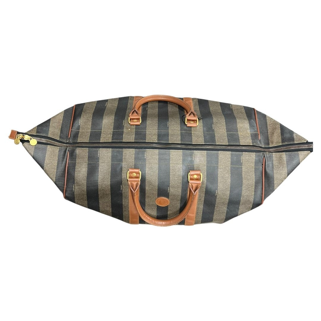 FENDI Coated Canvas Pequin Stripe Duffle Bag Duffle Bag Brown and Black with Tan Leather Trim Gold Hardware NJ118