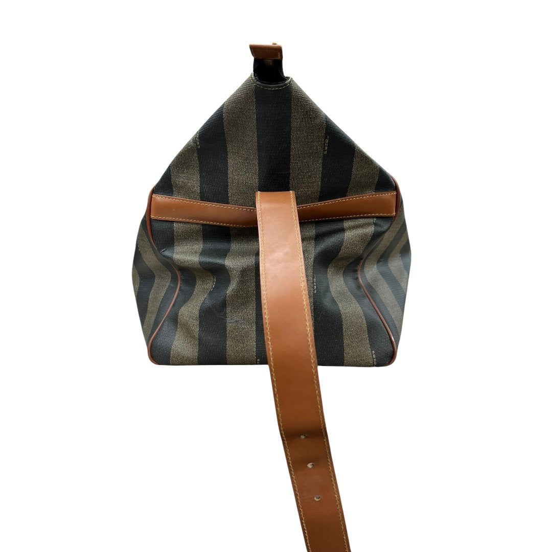 FENDI Coated Canvas Pequin Stripe Duffle Bag Duffle Bag Brown and Black with Tan Leather Trim Gold Hardware NJ118
