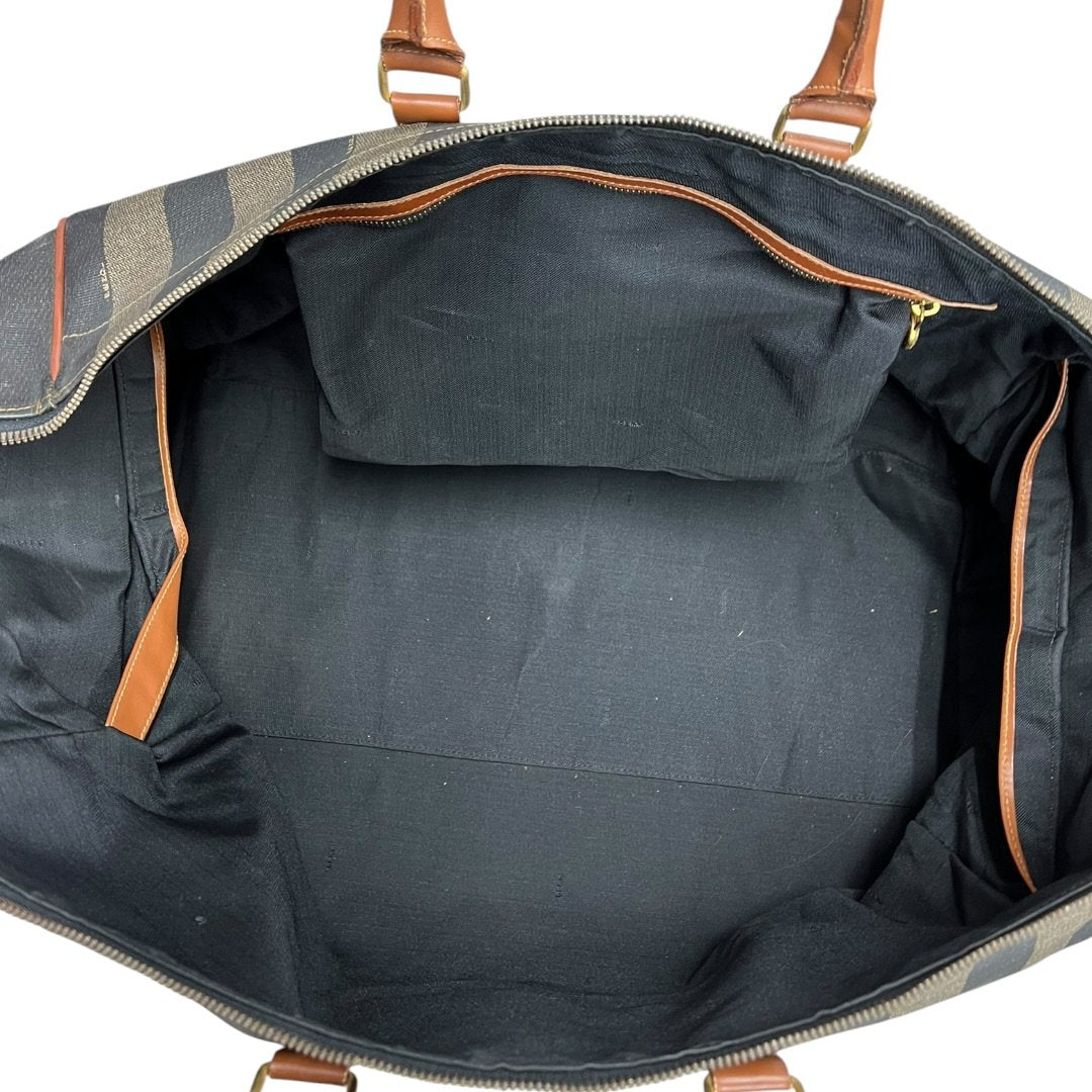 FENDI Coated Canvas Pequin Stripe Duffle Bag Duffle Bag Brown and Black with Tan Leather Trim Gold Hardware NJ118