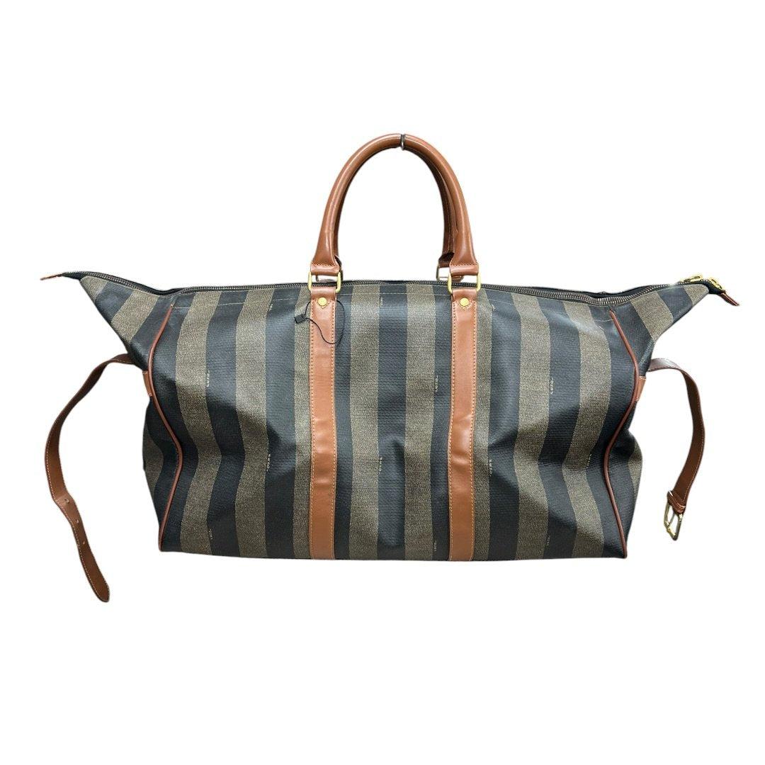 FENDI Coated Canvas Pequin Stripe Duffle Bag Duffle Bag Brown and Black with Tan Leather Trim Gold Hardware NJ118