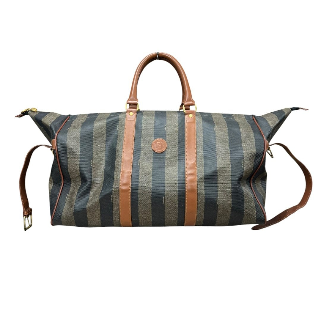 FENDI Coated Canvas Pequin Stripe Duffle Bag Duffle Bag Brown and Black with Tan Leather Trim Gold Hardware NJ118