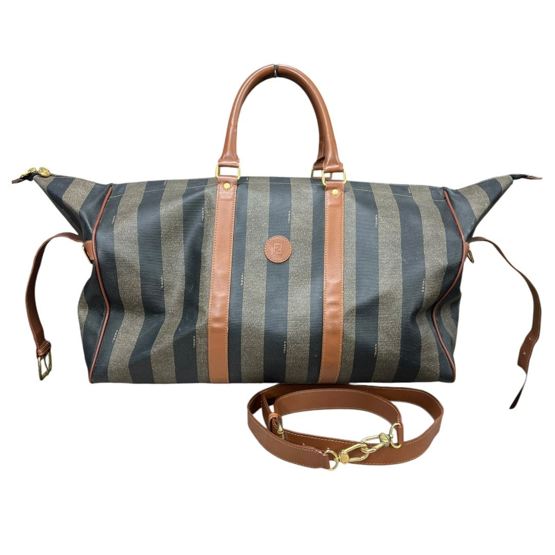 FENDI Coated Canvas Pequin Stripe Duffle Bag Duffle Bag Brown and Black with Tan Leather Trim Gold Hardware NJ118