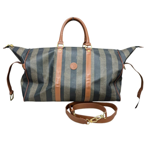 FENDI Coated Canvas Pequin Stripe Duffle Bag Duffle Bag Brown and Black with Tan Leather Trim Gold Hardware NJ118