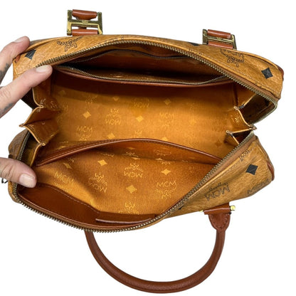 MCM Visetos Visetos Boston Bag 25 Handbag Cognac Gold Hardware NJ123