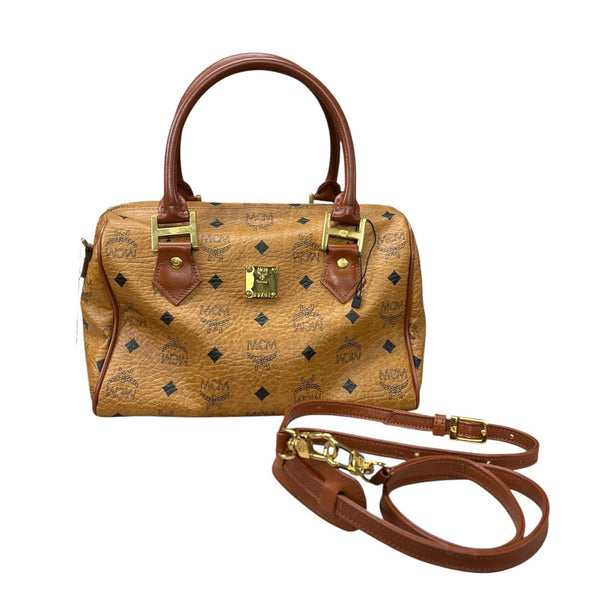MCM Visetos Visetos Boston Bag 25 Handbag Cognac Gold Hardware NJ123