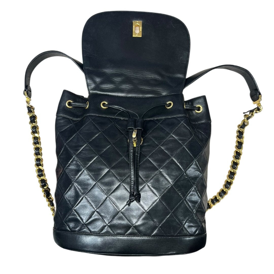 CHANEL Lambskin Quilted Drawstring Backpack Backpack Black Gold Hardware NJ124