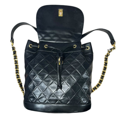 CHANEL Lambskin Quilted Drawstring Backpack Backpack Black Gold Hardware NJ124