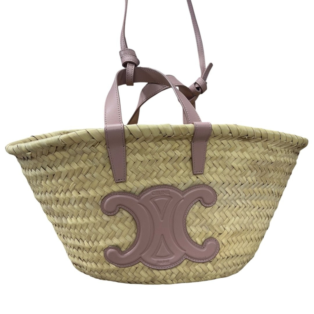 CELINE Raffia & Calfskin Triomphe Basket Bag Tote Bag Natural, Pink None NJ125