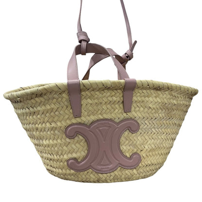 CELINE Raffia & Calfskin Triomphe Basket Bag Tote Bag Natural, Pink None NJ125