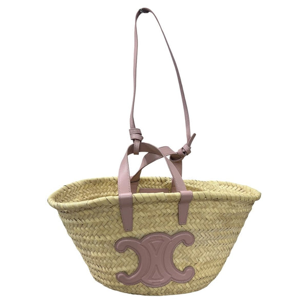 CELINE Raffia & Calfskin Triomphe Basket Bag Tote Bag Natural, Pink None NJ125