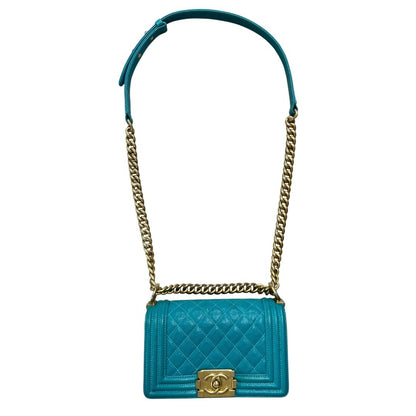 CHANEL Grained Calfskin Boy Bag Shoulder Bag Turquoise Gold Hardware CH2250