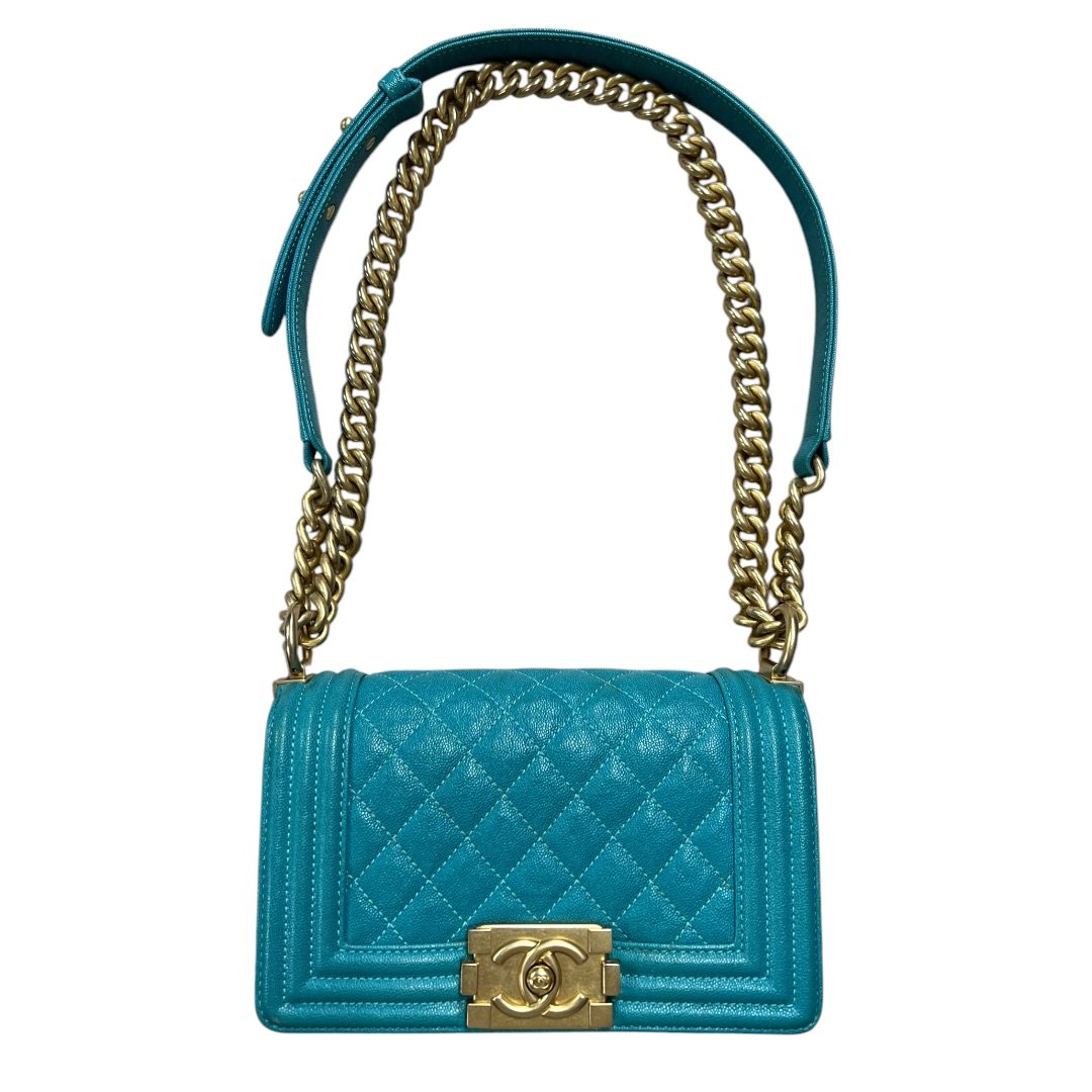 CHANEL Grained Calfskin Boy Bag Shoulder Bag Turquoise Gold Hardware CH2250