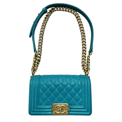 CHANEL Grained Calfskin Boy Bag Shoulder Bag Turquoise Gold Hardware CH2250