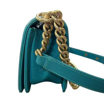CHANEL Grained Calfskin Boy Bag Shoulder Bag Turquoise Gold Hardware CH2250