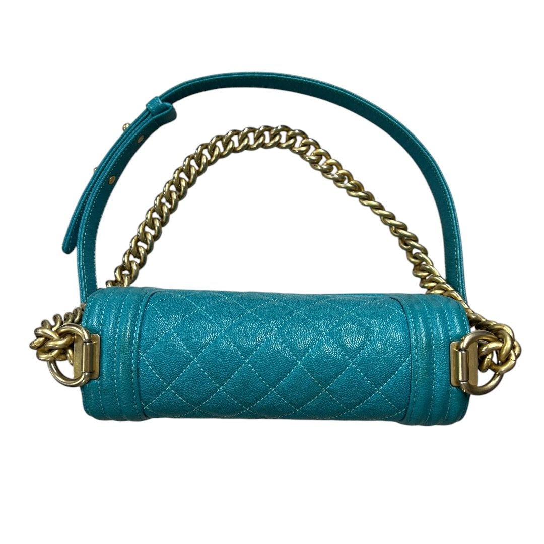 CHANEL Grained Calfskin Boy Bag Shoulder Bag Turquoise Gold Hardware CH2250