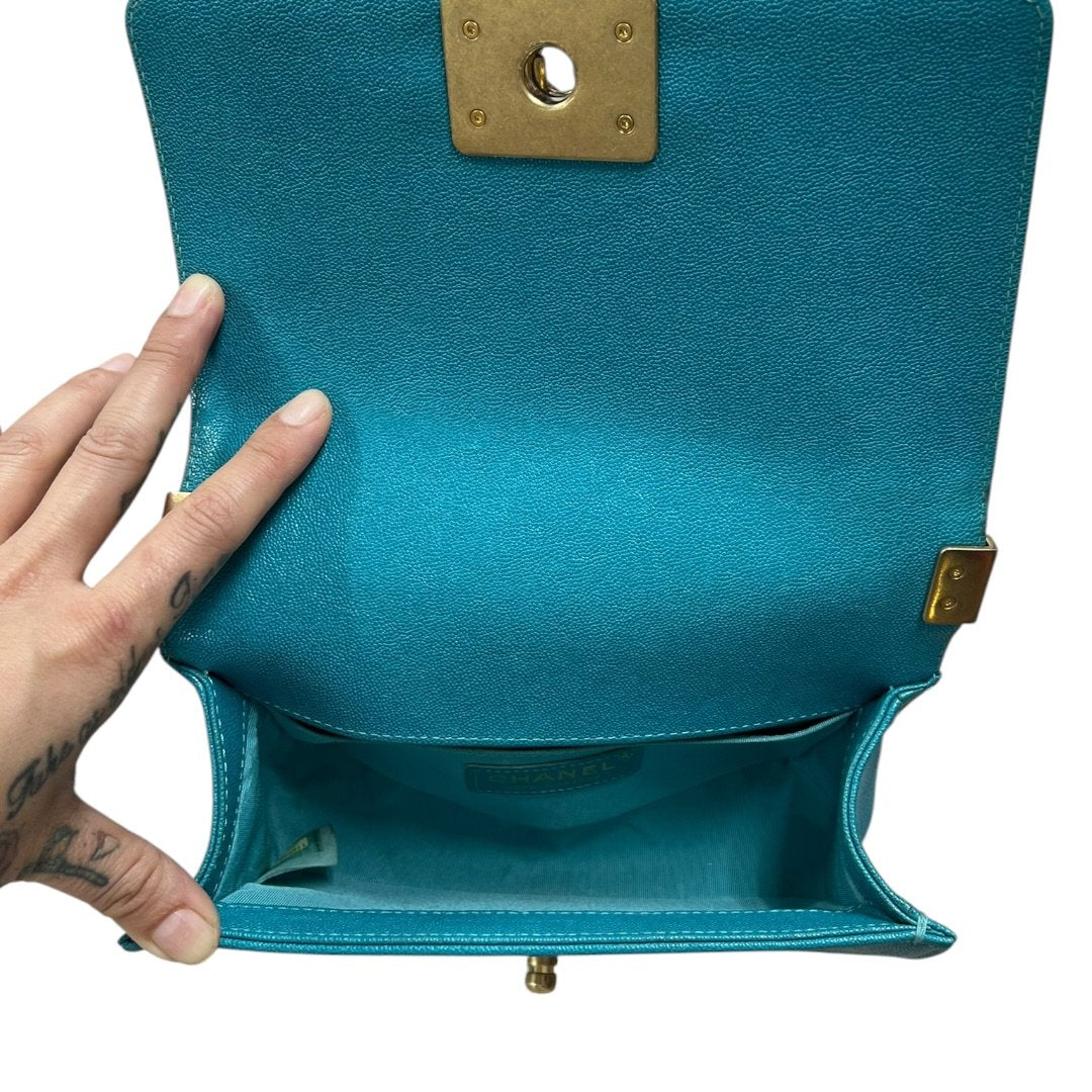 CHANEL Grained Calfskin Boy Bag Shoulder Bag Turquoise Gold Hardware CH2250