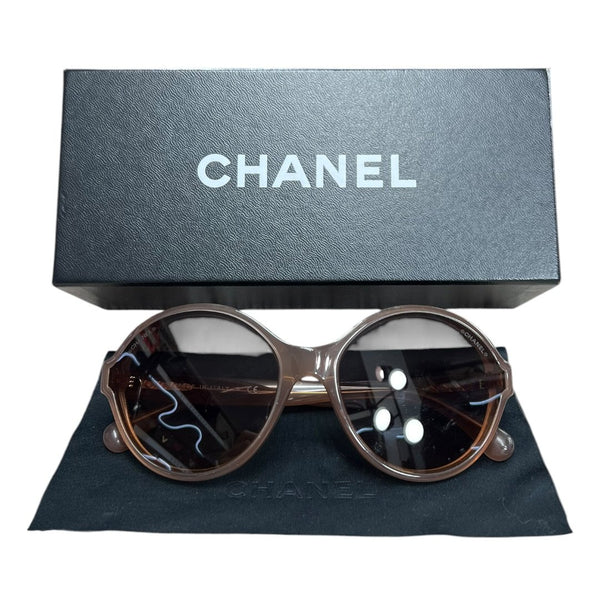 CHANEL Acetate Round Sunglasses Sunglasses Beige Gold Hardware TK77