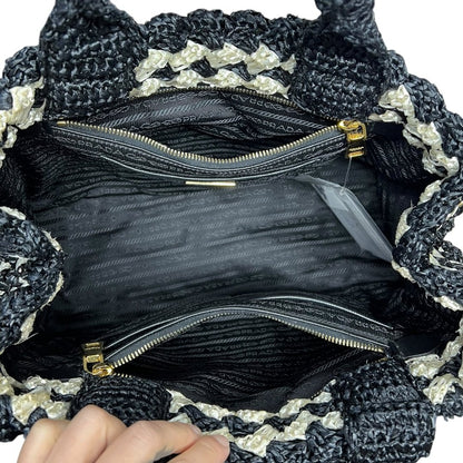 PRADA Raffia Raffia Handbag Handbag Black and White Gold Hardware TK58