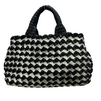 PRADA Raffia Raffia Handbag Handbag Black and White Gold Hardware TK58