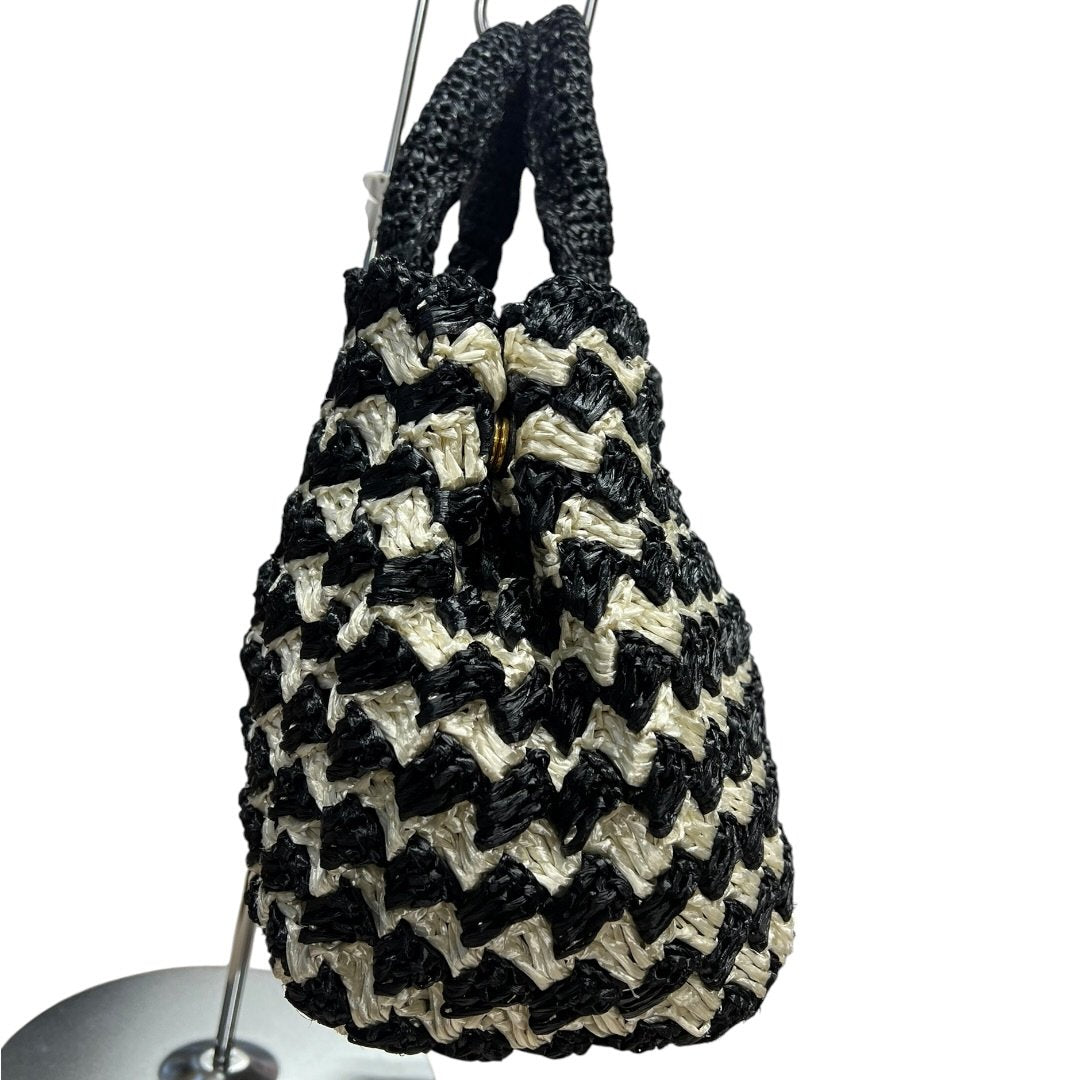 PRADA Raffia Raffia Handbag Handbag Black and White Gold Hardware TK58