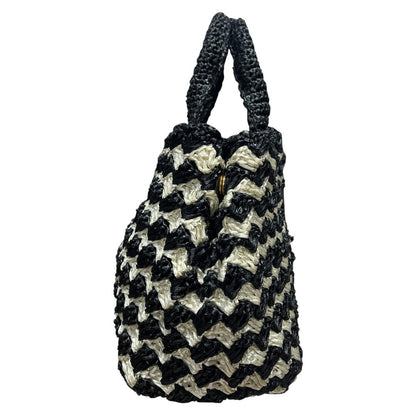 PRADA Raffia Raffia Handbag Handbag Black and White Gold Hardware TK58