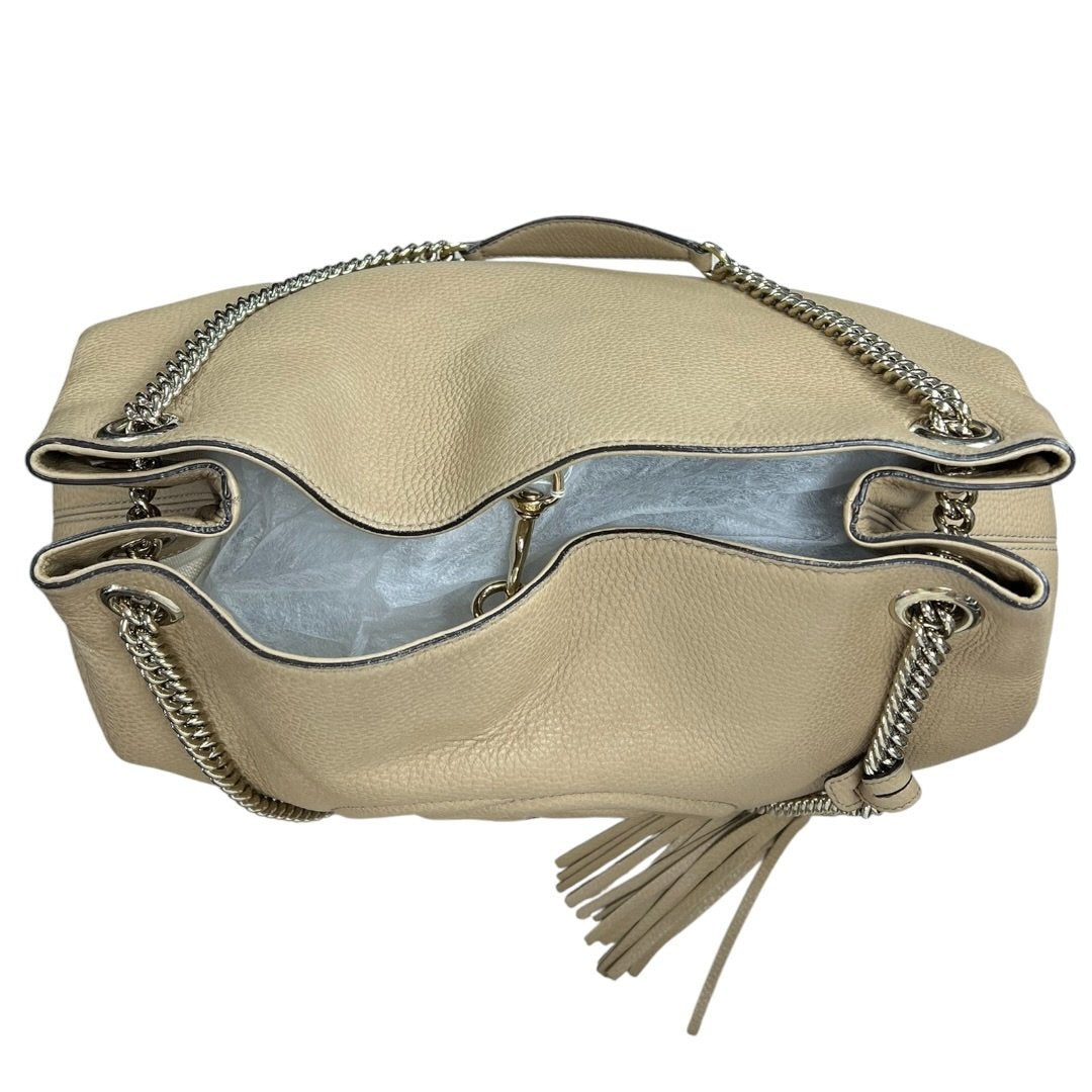 GUCCI Grained Leather Soho Chain Tote Shoulder Bag Beige Silver Hardware TK54