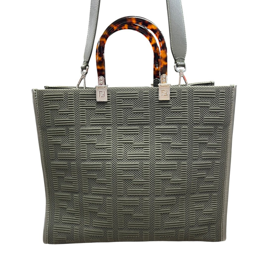FENDI Knit Fabric and Leather Sunshine Shopper Tote Bag Olive Green Silver Hardware TK74