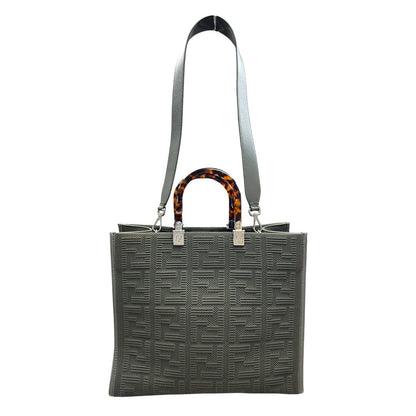 FENDI Knit Fabric and Leather Sunshine Shopper Tote Bag Olive Green Silver Hardware TK74