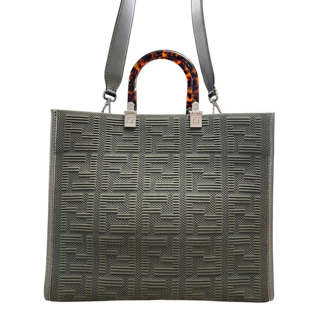 FENDI Knit Fabric and Leather Sunshine Shopper Tote Bag Olive Green Silver Hardware TK74