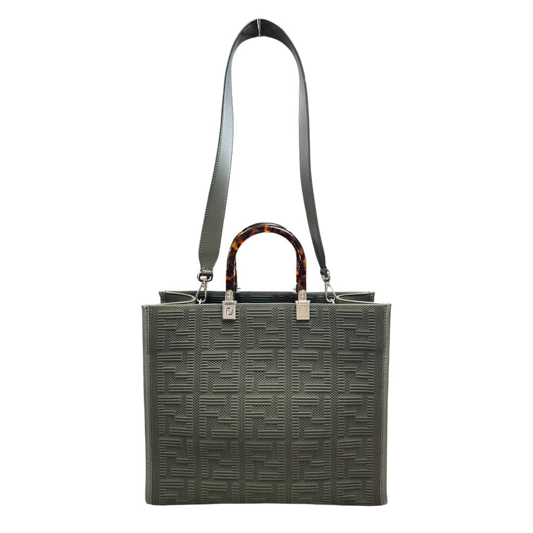 FENDI Knit Fabric and Leather Sunshine Shopper Tote Bag Olive Green Silver Hardware TK74