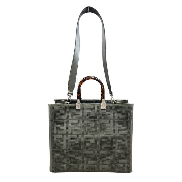 FENDI Knit Fabric and Leather Sunshine Shopper Tote Bag Olive Green Silver Hardware TK74